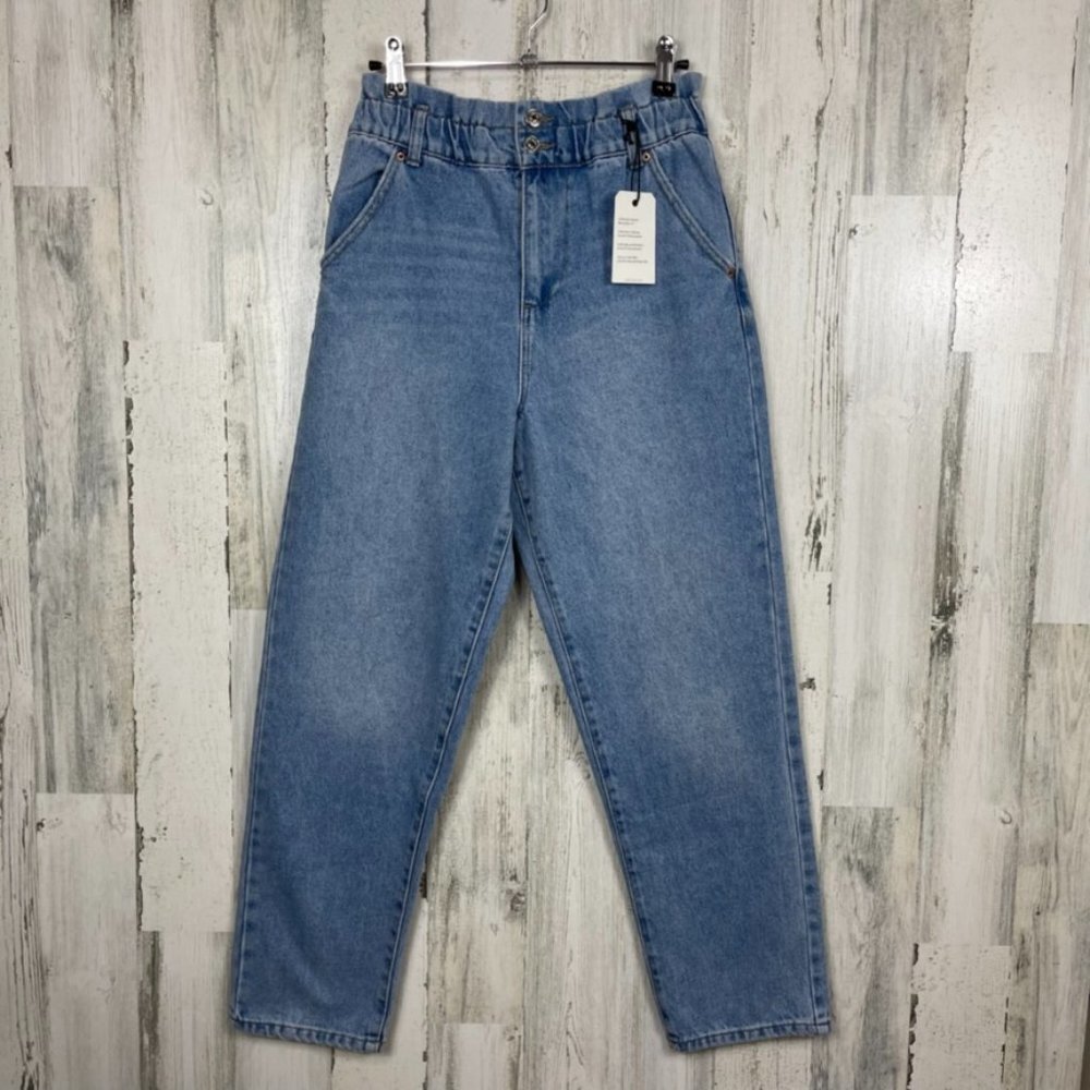 Forever 21 paper bag denim jeans cinched waist relaxed fit NWT high rise blue S